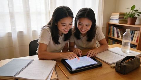 Teen students collaborating on tablet study session at home desk with notebooks