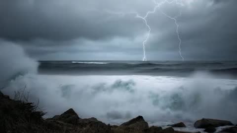 Dramatic Thunderstorm Over Turbulent Ocean Waves