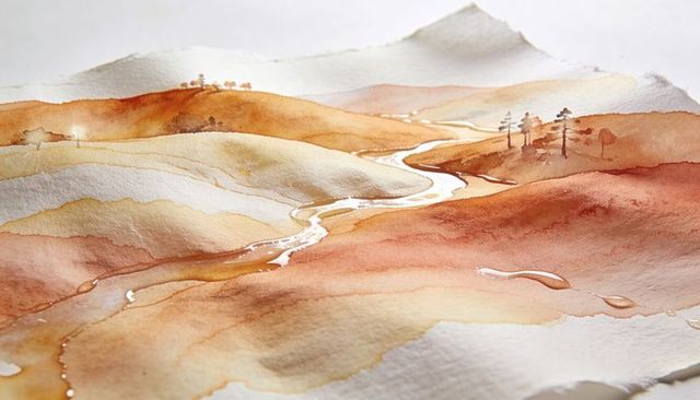 Watercolor hills and meandering river on deckled textured paper with wet pigment pools
