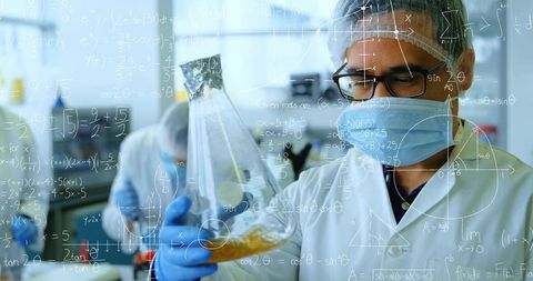 Scientist examining erlenmeyer flask with math overlays, wearing ppe and nitrile gloves