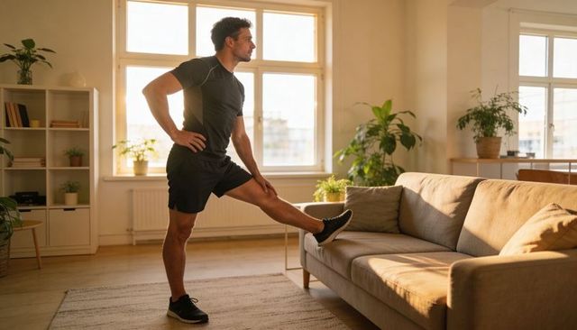 Man stretching right leg on sofa in sunlit living room for home workout and flexibility