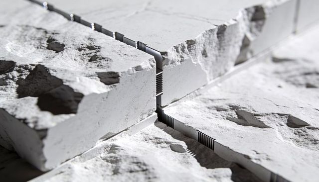 White fractured stone slabs with embedded metal spacer teeth revealing groove detail