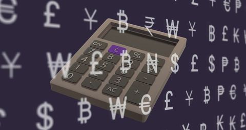 Digital calculator surrounded by currency symbols on dark background