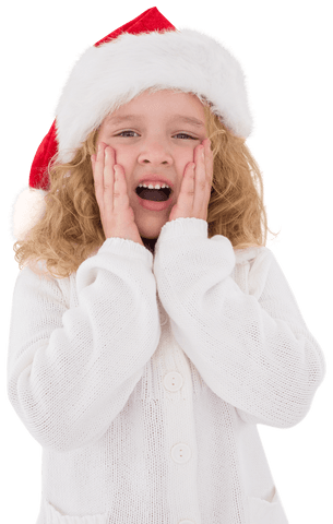 Joyful child celebrating christmas with surprise expression on transparent background