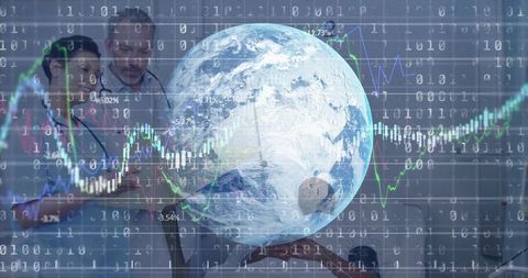 Dynamic 3D Globe with Binary Code and Line Charts in Modern Office