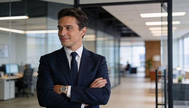 Confident executive standing with arms crossed in modern glass-walled office
