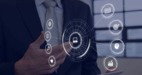 Executive Tapping Holographic Interface Managing Digital Analytics and Touchscreen Control