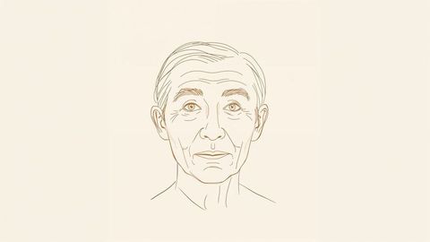 Line art portrait mature asian old people, neutral expression cream background