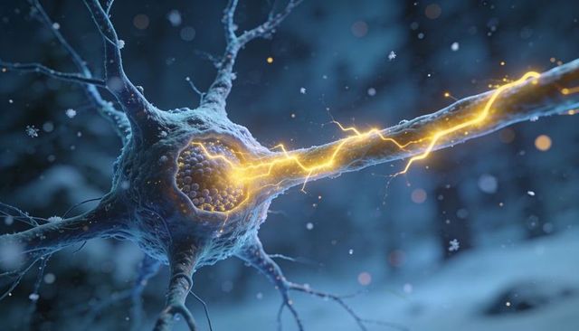 Neuron Sending Golden Action Potential Along Axon in Cool Blue Microscopic Scene