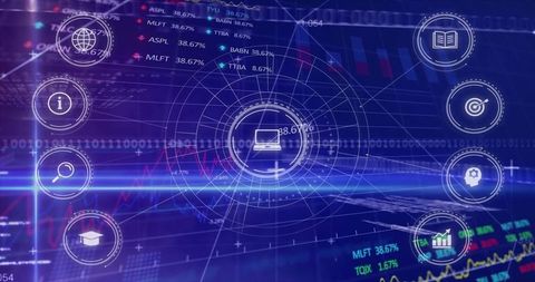 Holographic Data Dashboard Displaying Central HUD Laptop Icon with Financial Charts
