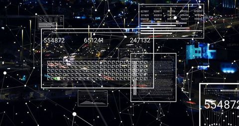 Projecting Telemetry Overlay Over Night Highway With Futuristic Holographic Network