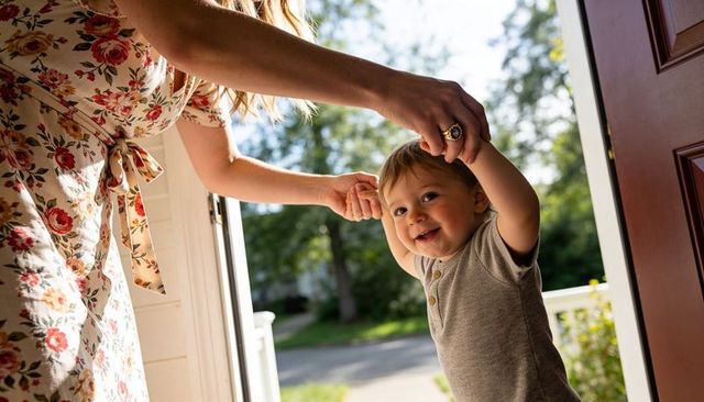 Mother lifting toddler hands at front door during sunny playful bonding moment