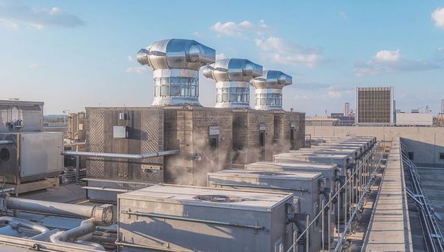 Rooftop hvac plant featuring three cylindrical exhaust vents and extensive air units