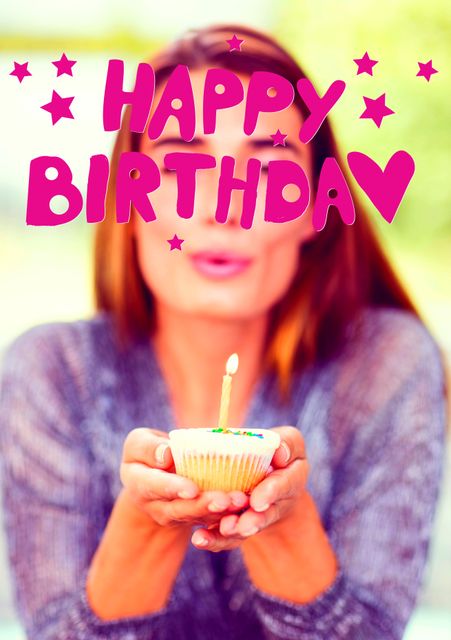This cheerful and festive image shows a young, smiling woman holding a cupcake with a lit candle, with 'Happy Birthday' text and stars overlay. Ideal for creating birthday cards, party invitations, social media posts, and other celebratory material aimed at conveying joy and festivity.