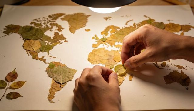 Hands placing dried leaves on world map for botanical travel collage and eco craft