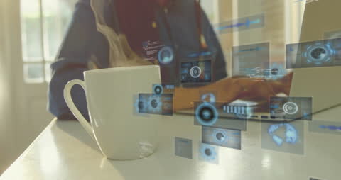 Futuristic Interface Overlays with Coffee and Laptop