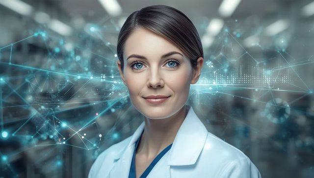 Futuristic Female Researcher with Digital Network Holograms in Laboratory