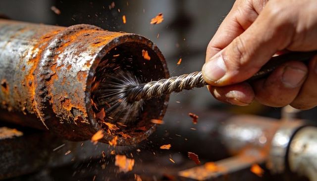Worker scrubbing heavy rust inside metal pipe with twisted wire brush, sparks flying