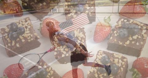 Tennis player serving with chocolate brownie overlay