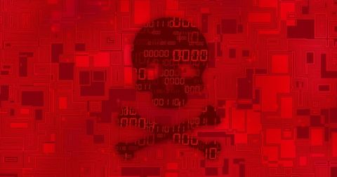 Red digital skull-and-crossbones emerging from binary grid representing cyber threat
