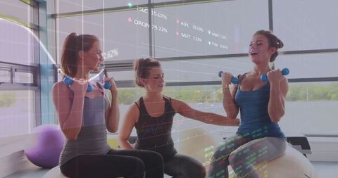 Fitness training with stock market overlay in modern gym