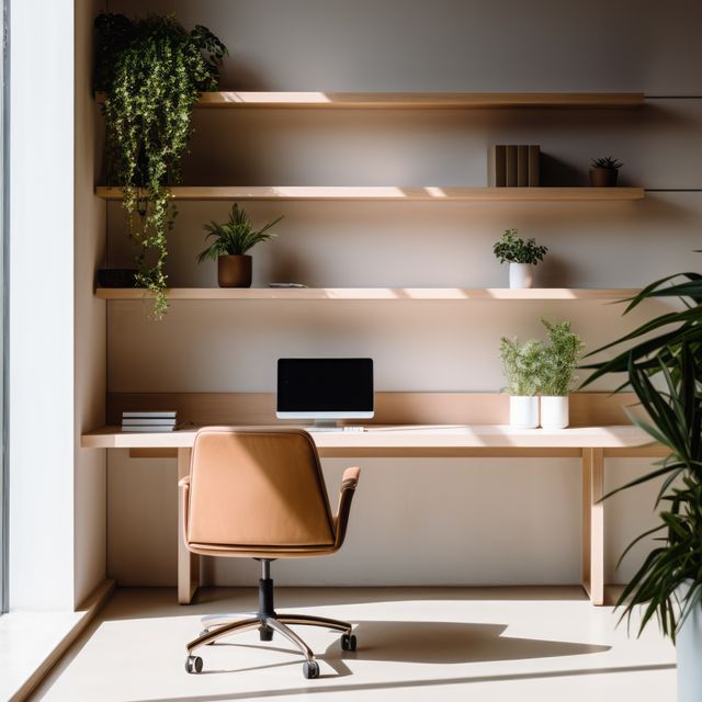 Modern home office features clean and minimalist design with a focus on natural light. Includes organized shelves with books and potted plants, creating a calming workspace. Ideal for promoting productivity and inspiration in advertisements, articles on home improvement, or office design content.