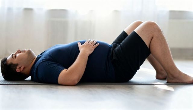 Overweight man practicing deep breathing on mat in bright home gym for wellness