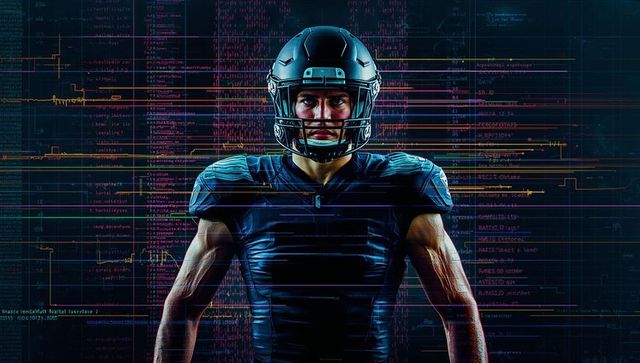Cyber enhanced football player in futuristic digital arena