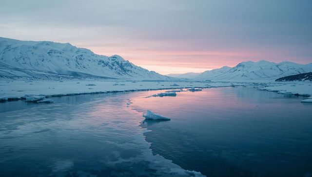 Pastel arctic fjord twilight with icy channel and floating ice floes reflecting pink sky