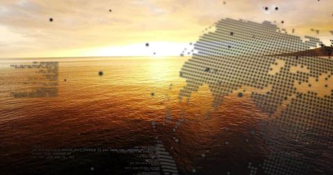 Sunset ocean reflecting amber light with halftone globe and digital code overlay concept