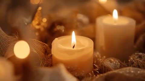 Warm holiday candles flickering on mantel with golden ornaments and soft bokeh glow