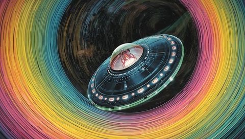 Futuristic Spaceship Exploring Rainbow Vortex in Deep Space