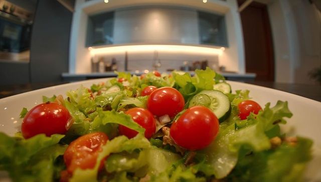 Fresh cherry tomato salad featuring crisp lettuce and cucumber in modern kitchen