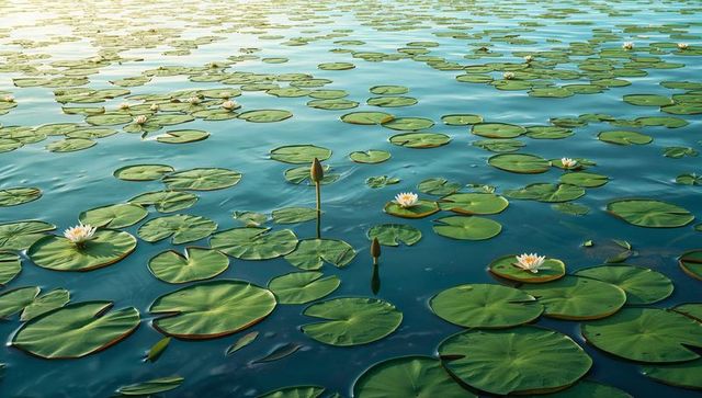 Sunlit water lily pond with floating round lily pads and white blooms, tranquil reflections