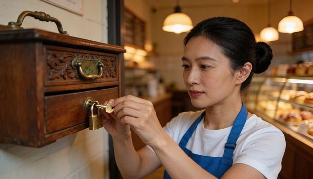 Bakery owner unlocking vintage brass-locked wooden cashbox with key behind counter gently