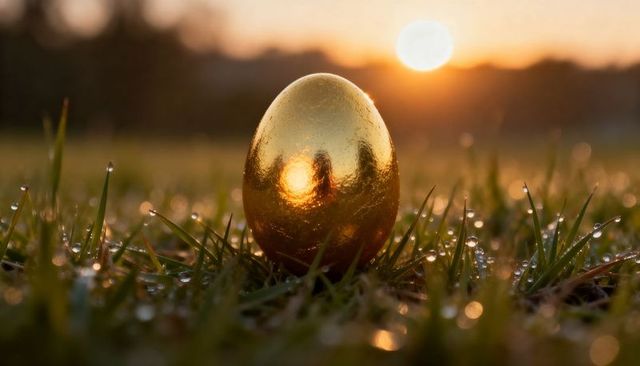 Golden egg reflecting sunrise on dewy grass with warm bokeh glow