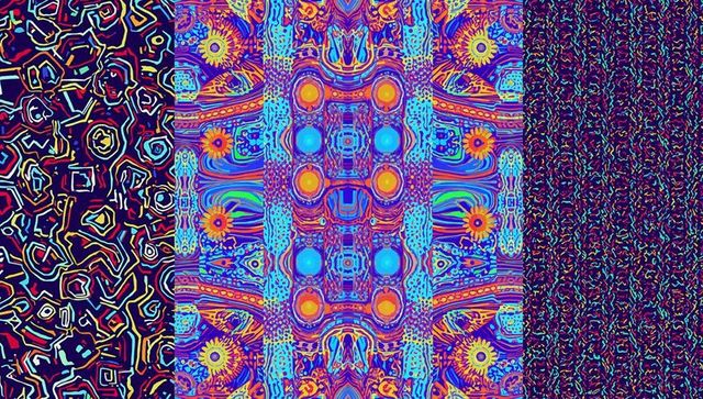 Futuristic kaleidoscopic neon patterns on techno dark canvas