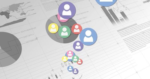 Floating social media icons over business analytics graphics