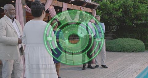 Green augmented reality hud overlay on poolside semi-formal gathering under pergola