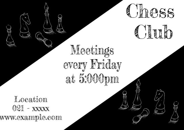 Chess club meeting text and chess piece drawings on black and white background. Games club meeting and information template concept, digitally generated image.