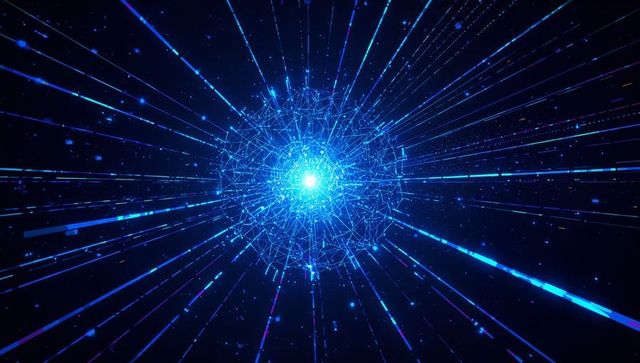 Electric-blue neural sphere radiating data beams and wireframe lattice in deep space