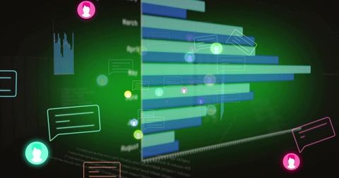 Neon 3d horizontal bar chart dashboard with floating avatars and chat bubbles