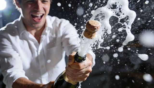 Smiling man popping champagne bottle celebrating with cork flying and foam splash