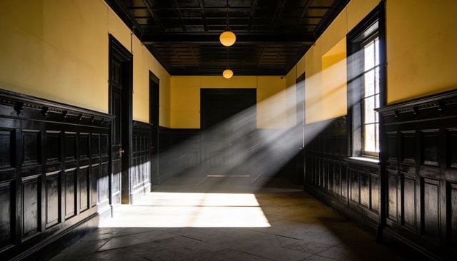 Sunlight streaming through window into historic hallway, dramatic light beams and wood paneling
