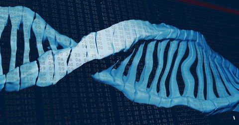 Dna strand overlaid with data sequence on dark background