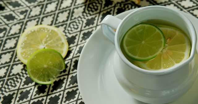 This image features a white cup of citrus tea with lime and lemon slices on a black and white patterned tablecloth. It is ideal for use in health-focused articles, beverage promotions, cafe menus, and lifestyle blog posts about healthy living and tea benefits.