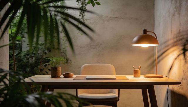 Cozy minimalist home office with wooden desk, warm lamp and lush indoor greenery