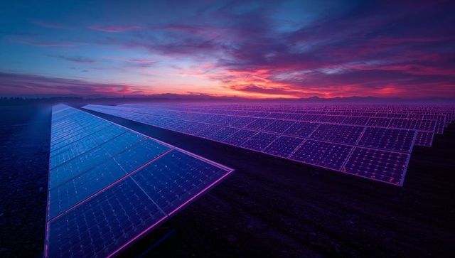 Neon-Glimmering Solar Panels at Sunset in Scenic Mountainous Landscape