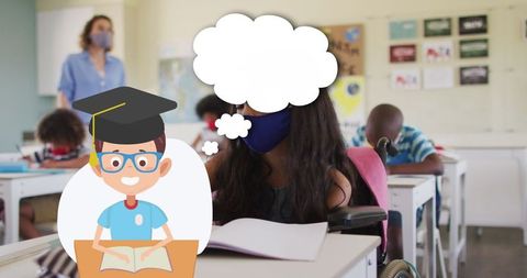 Masked Schoolchildren With Animated Education Icons in Classroom