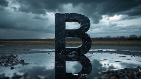 Giant stone letter b sculpture in dramatic stormy landscape